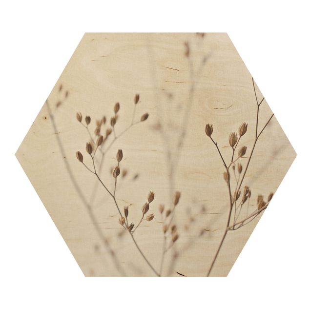 Hexagon Bild Holz - Zarte Knospen am Wildblumenzweig