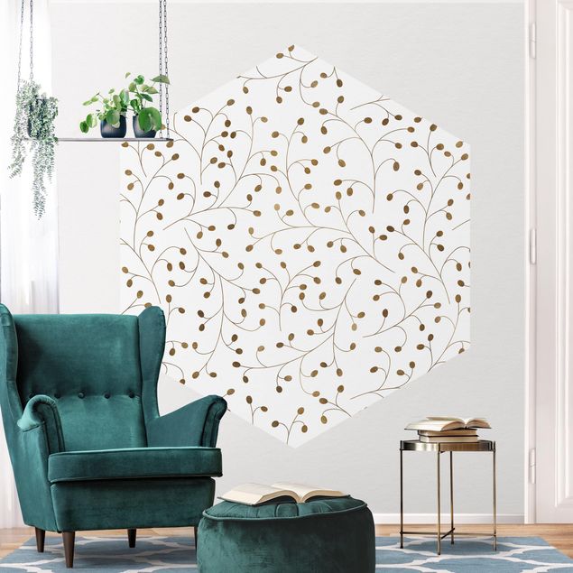 Hexagon Tapete Zarte Zweige Muster mit Punkten in Gold