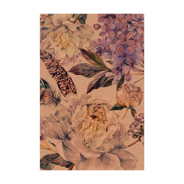 Kork-Teppich - Zartes Aquarell Boho Blüten und Federn Muster - Hochformat 2:3