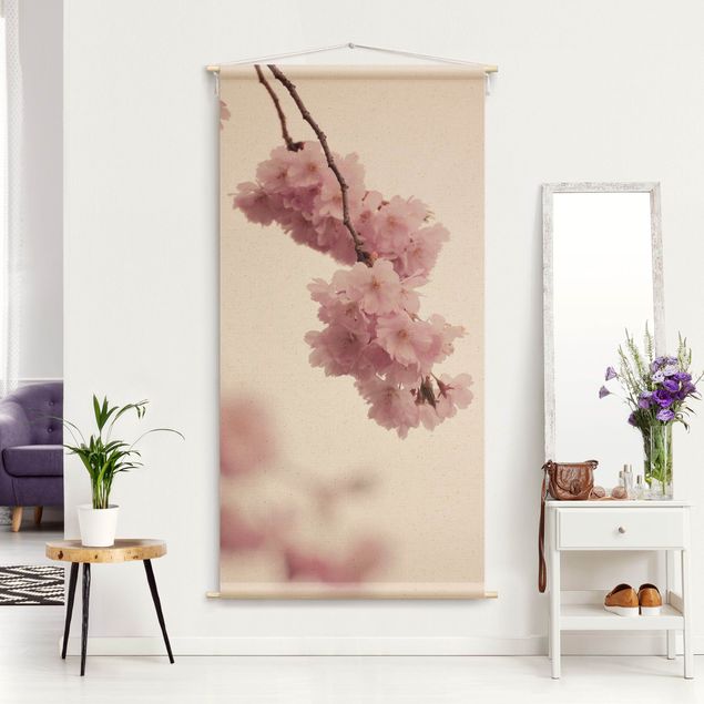 Wandtücher Zartrosane Frühlingsblüte mit Bokeh