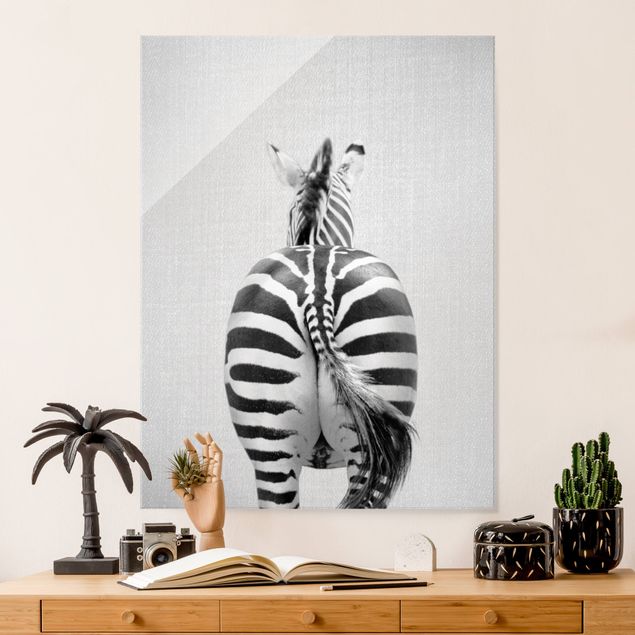 XXL Glasbilder Zebra von hinten Schwarz Weiß