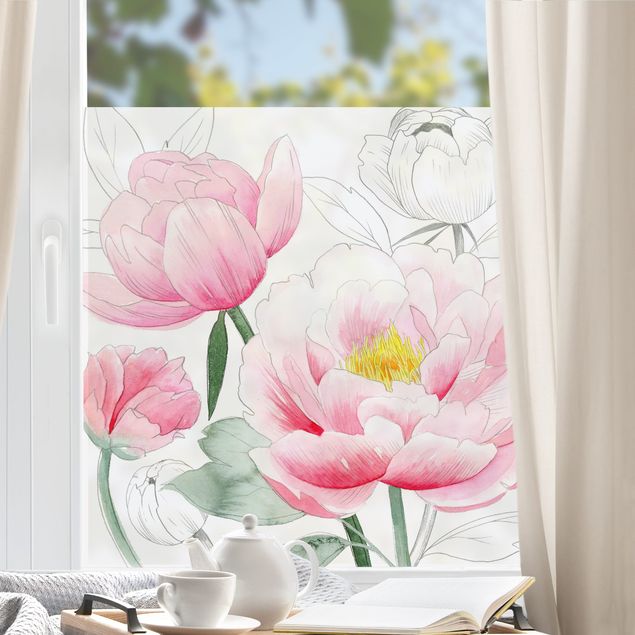 Fensterbilder Blumen Zeichnung Rosa Päonien I