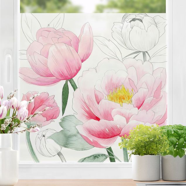 Fensterfolie Blumen Zeichnung Rosa Päonien I