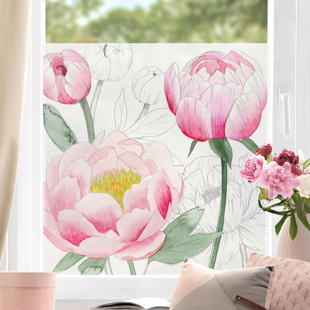 Fensterbilder Blumen Zeichnung Rosa Päonien II