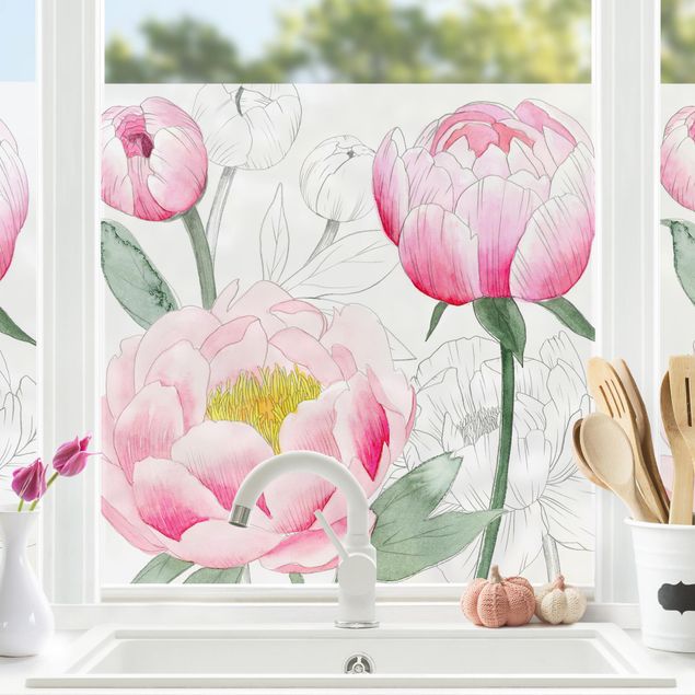 Fensterfolie Blumen Zeichnung Rosa Päonien II