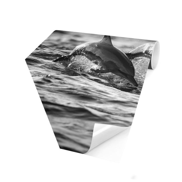 Hexagon Mustertapete selbstklebend - Zwei springende Delfine