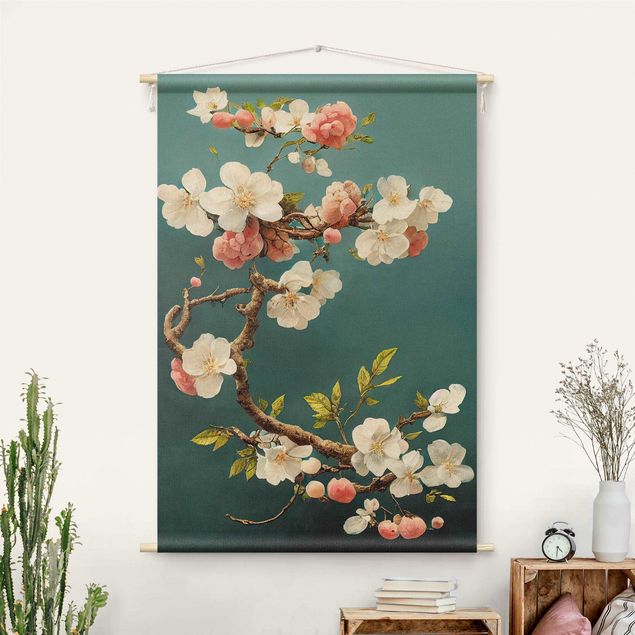 Wandteppich modern Zweig mit Blüten auf Türkis